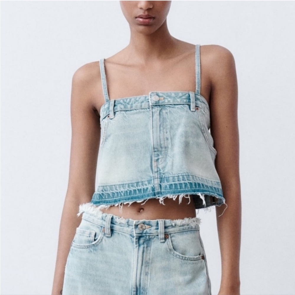 🌸4/$20🌸Zara Denim Jean Spaghetti Strap Skirt Crop Top Small NWOT
